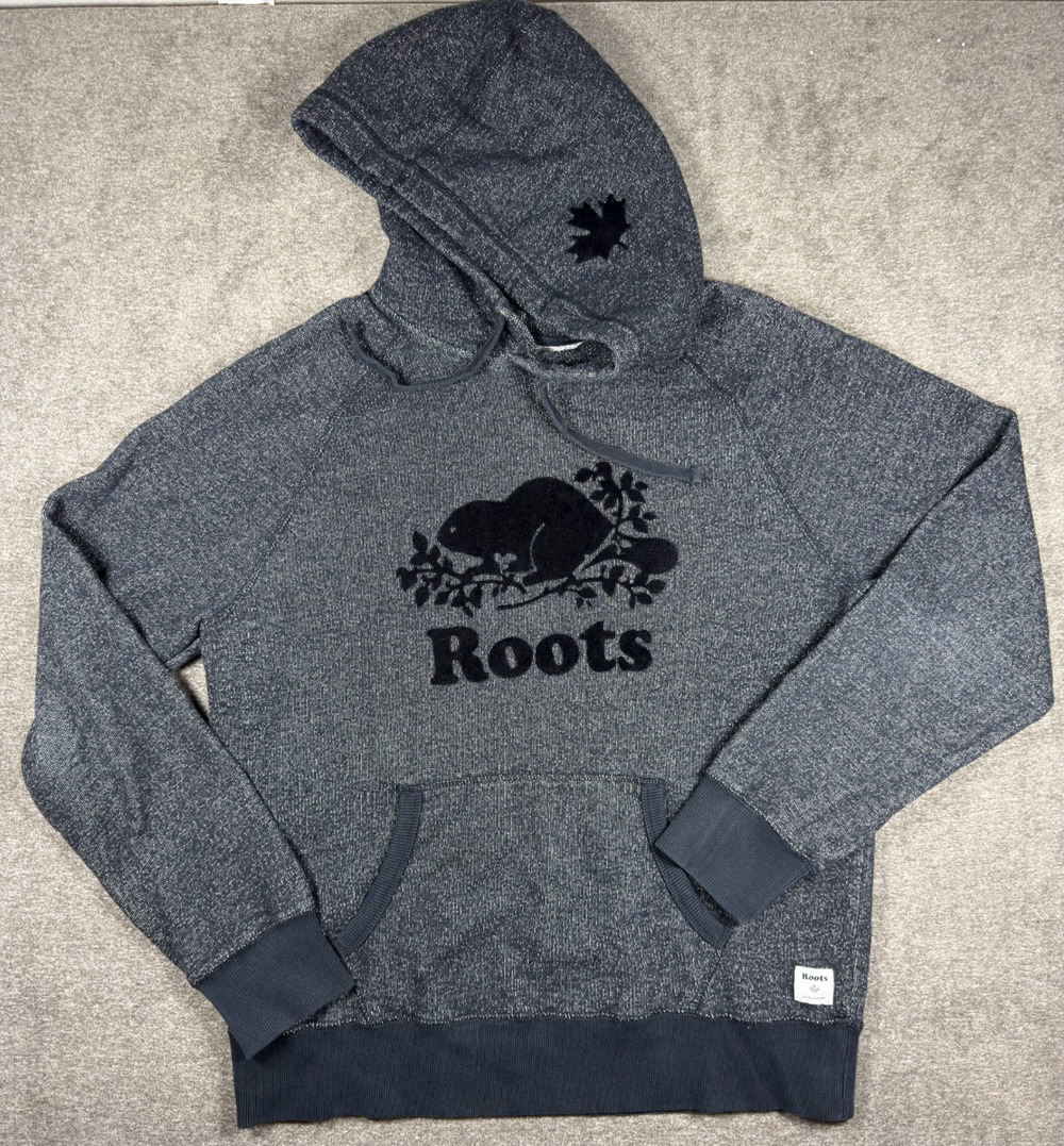 Roots Canada Organic Original Kanga Hoodie Mens L Black Pepper Gray Beaver Logo